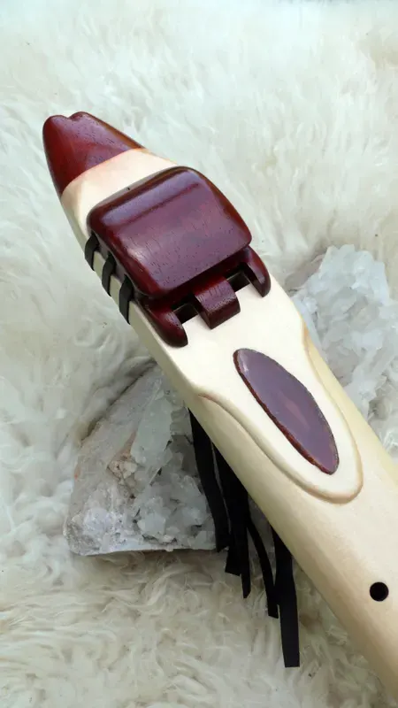 7 Hole Alaskan Yellow Cedar Drone Flute in the Key of Low D with Agate slice inlay — product photo