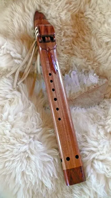 Native American Style Sapele Drone Flute in the Key of E with Cocobolo accents and Carved Feather — product photo