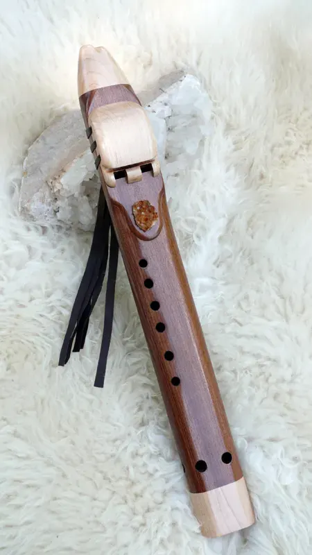 7 Hole Drone Flute in the Key of A of Sapele and Hard Maple wood with Citrine Quartz Cluster inlay — product photo