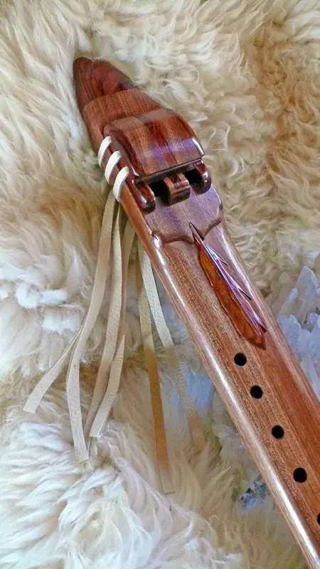 Native American Style Sapele Drone Flute in the Key of E with Cocobolo accents and Carved Feather — product photo