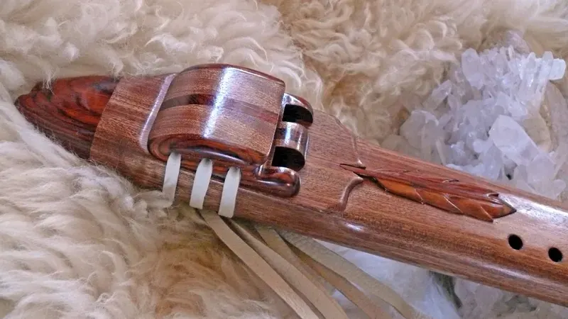 Native American Style Sapele Drone Flute in the Key of E with Cocobolo accents and Carved Feather — product photo