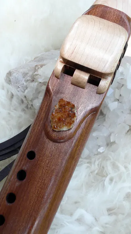 7 Hole Drone Flute in the Key of A of Sapele and Hard Maple wood with Citrine Quartz Cluster inlay — product photo