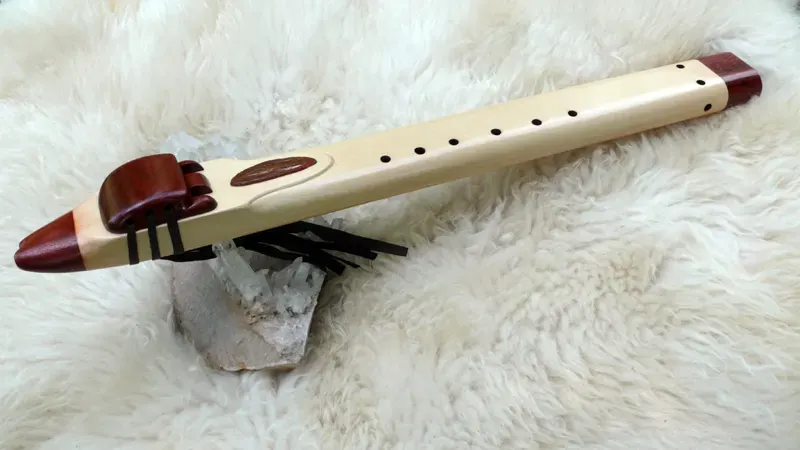 7 Hole Alaskan Yellow Cedar Drone Flute in the Key of Low D with Agate slice inlay — product photo
