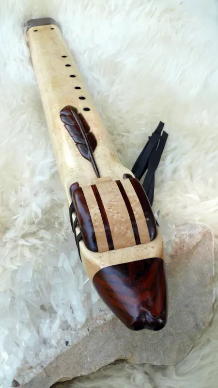 Native American Style Drone Flute 7 Hole in the Key of Low D of Bird's Eye Maple and Cocobolo woods with Feather Carving — product photo