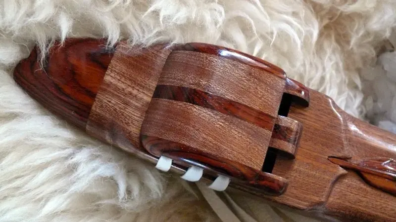 Native American Style Sapele Drone Flute in the Key of E with Cocobolo accents and Carved Feather — product photo