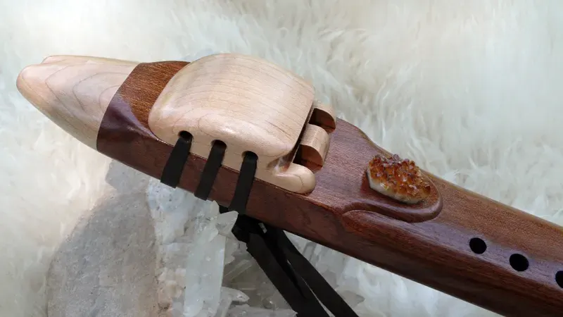7 Hole Drone Flute in the Key of A of Sapele and Hard Maple wood with Citrine Quartz Cluster inlay — product photo