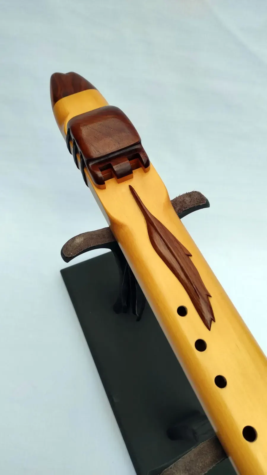 Native American Style Drone Flute - 7 Hole in the Key of Low D of Alaskan Cedar wood with Walnut Feather Carving 440Hz — product photo