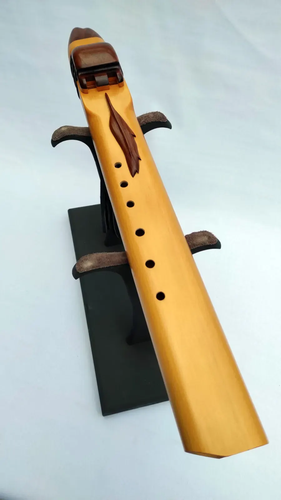 Native American Style Drone Flute - 7 Hole in the Key of Low D of Alaskan Cedar wood with Walnut Feather Carving 440Hz — product photo