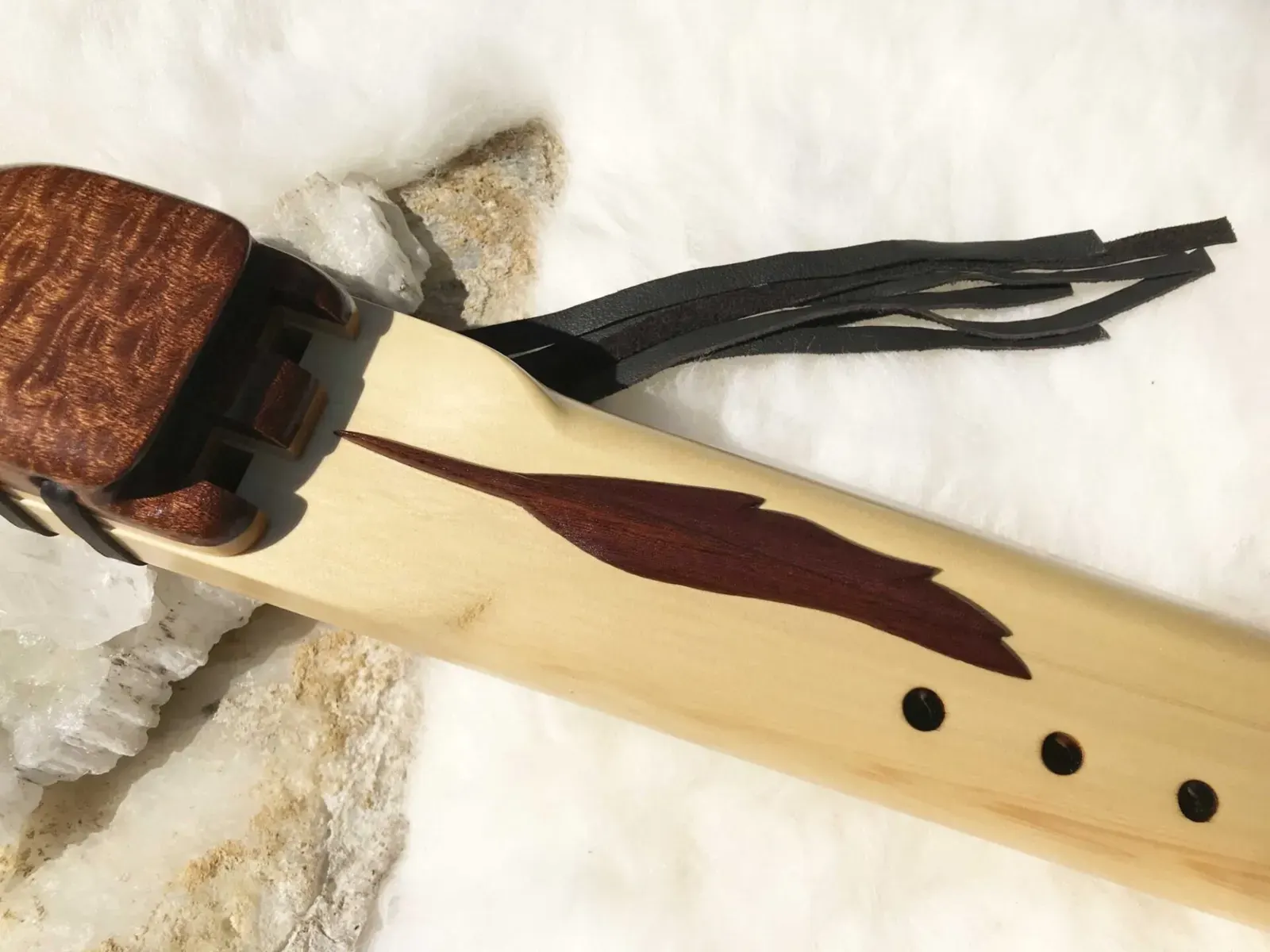 Native American Drone Flute - 7 Hole in the Key of Low D with Feather Carving — product photo